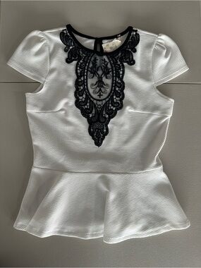 Flamingo brand Women's White Peplum Top with Black Lace Applique